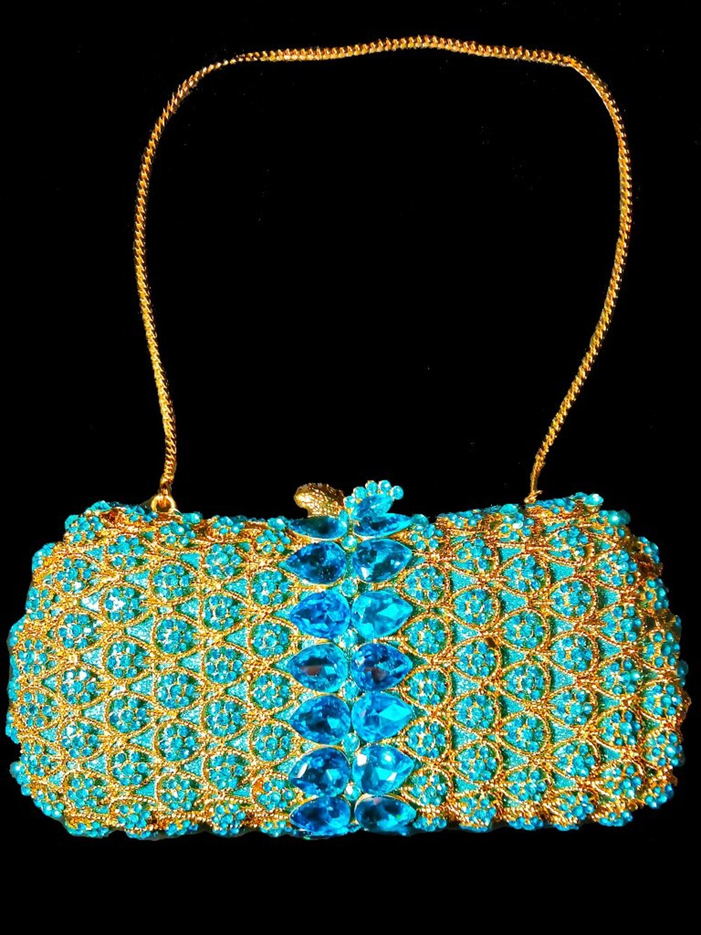 Luxury Turquoise Crystal and Gold Filigree Jeweled Evening Clutch